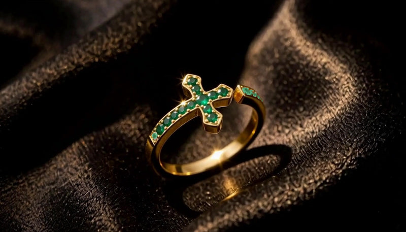 The Meridian Ring in green emerald, a gold cross ring set entirely with emerald stones, on black satin