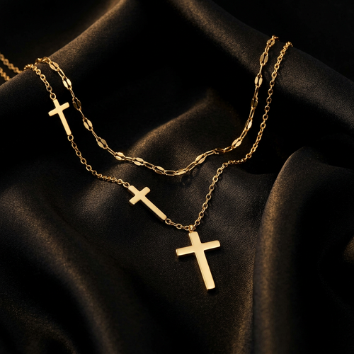 Divine Layers Cross Necklace Set styled on black silk