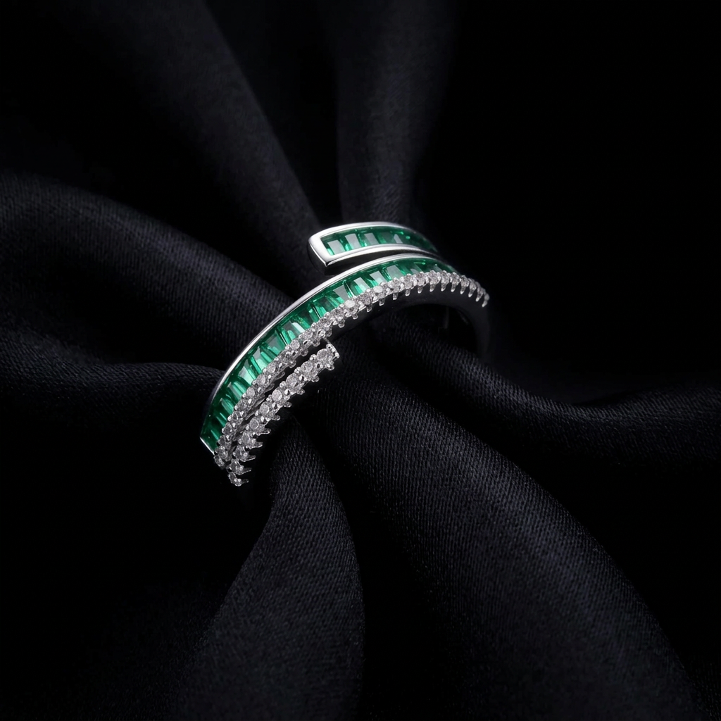 Emerald Layers Ring styled on black silk